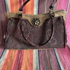 Vtg MARSHALL FIELDS Paisley Purse Handbag Croc Trim Velvet Handles Embellishment